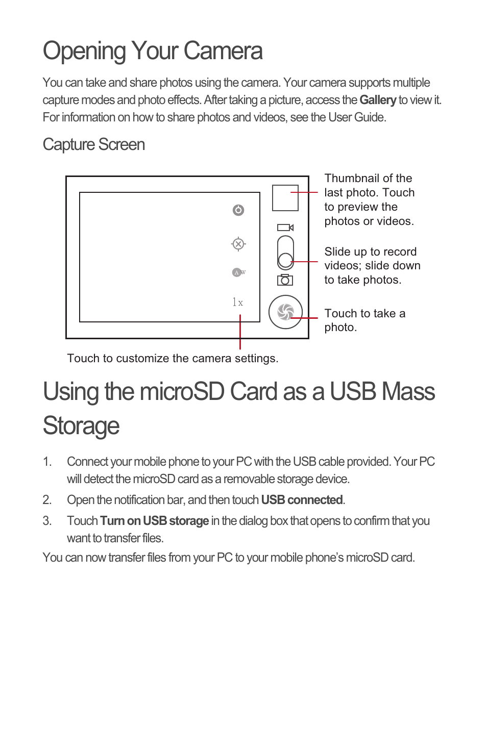 Opening your camera, Using the microsd card as a usb mass storage | Huawei C8650+ Quick Start User Manual | Page 11 / 17