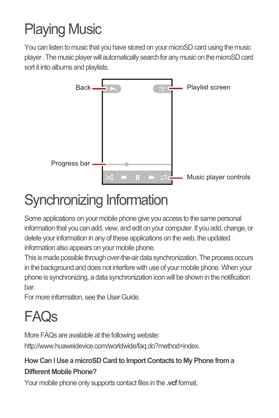 Playing music, Synchronizing information, Faqs | Huawei C8650+ Quick Start User Manual | Page 12 / 17