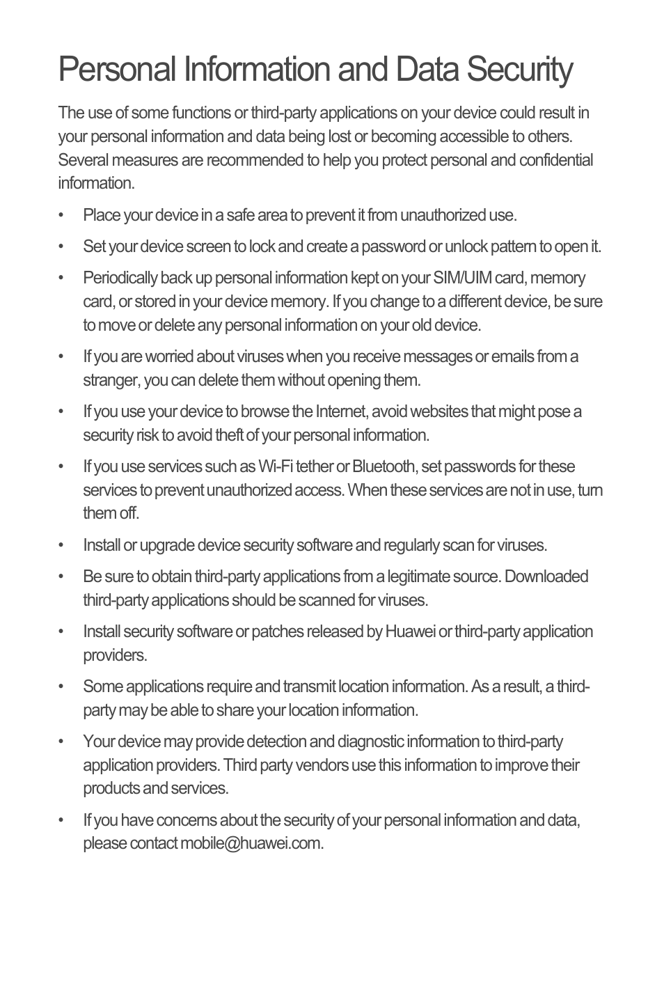 Personal information and data security | Huawei C8650+ Quick Start User Manual | Page 2 / 17