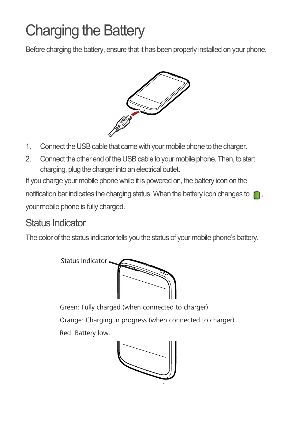 Charging the battery, Status indicator | Huawei C8650+ Quick Start User Manual | Page 5 / 17