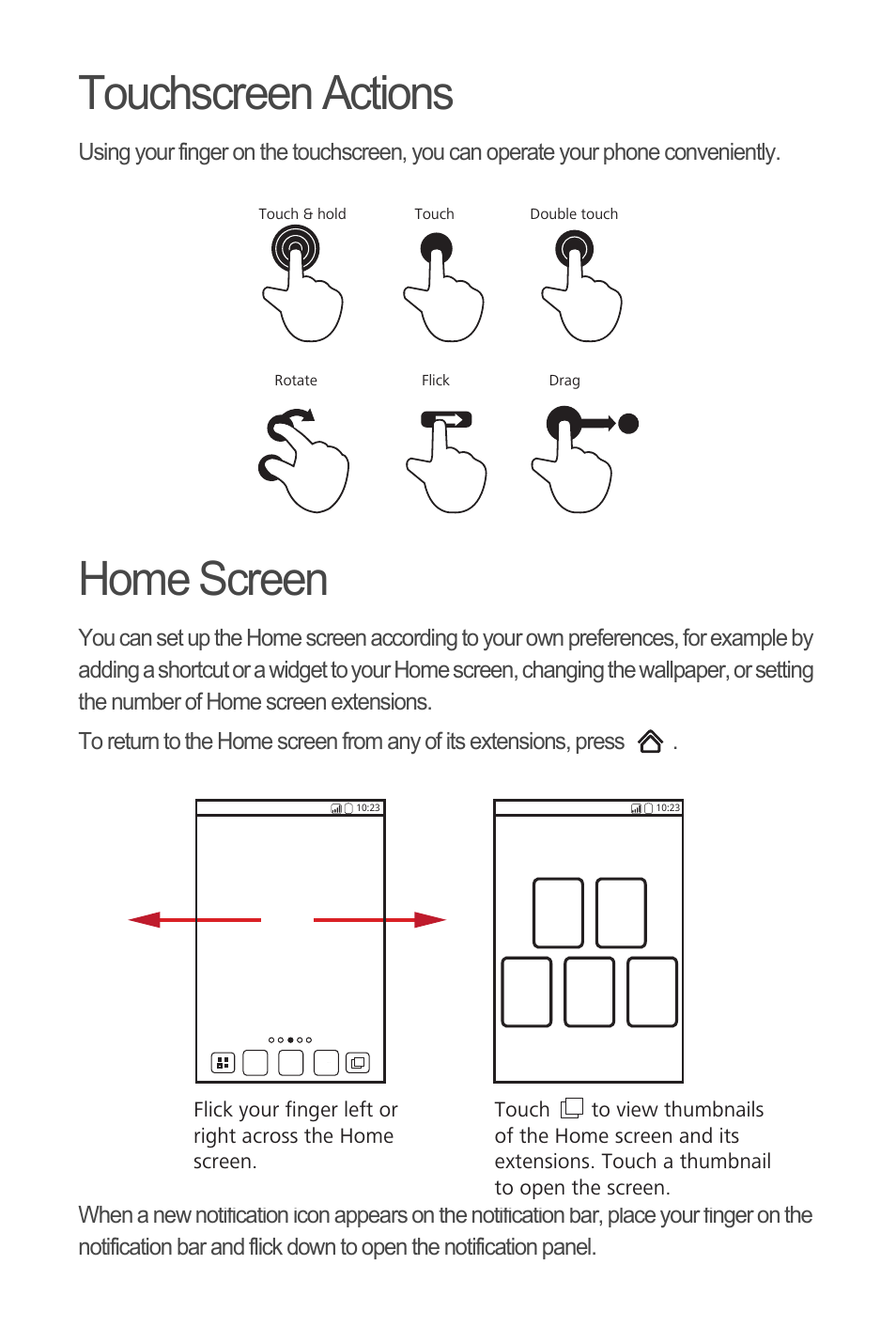 Touchscreen actions, Home screen | Huawei C8650+ Quick Start User Manual | Page 6 / 17