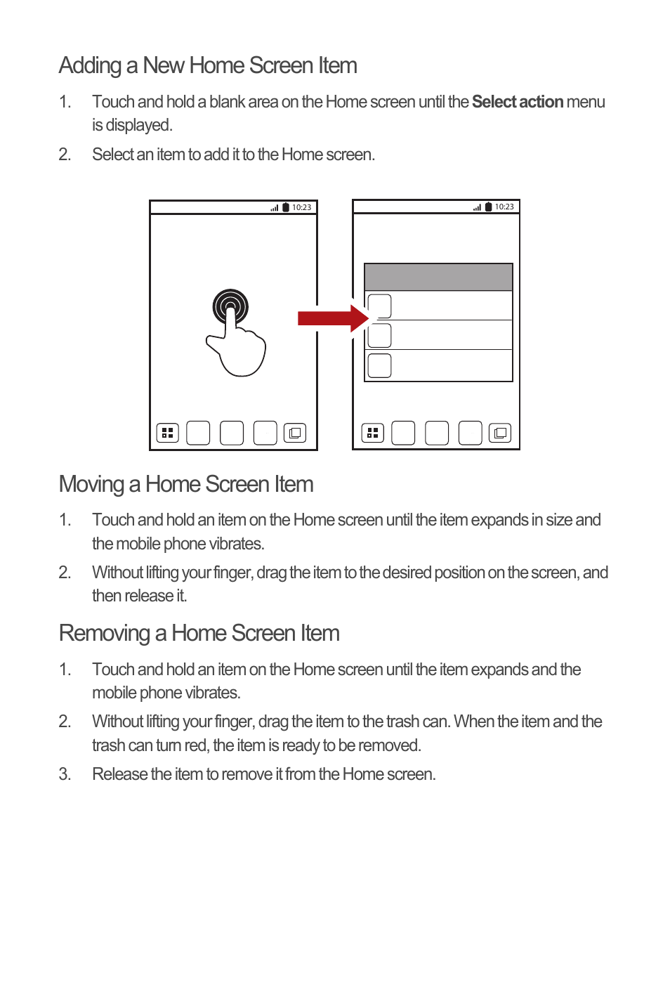 Adding a new home screen item, Moving a home screen item, Removing a home screen item | Huawei C8650+ Quick Start User Manual | Page 7 / 17