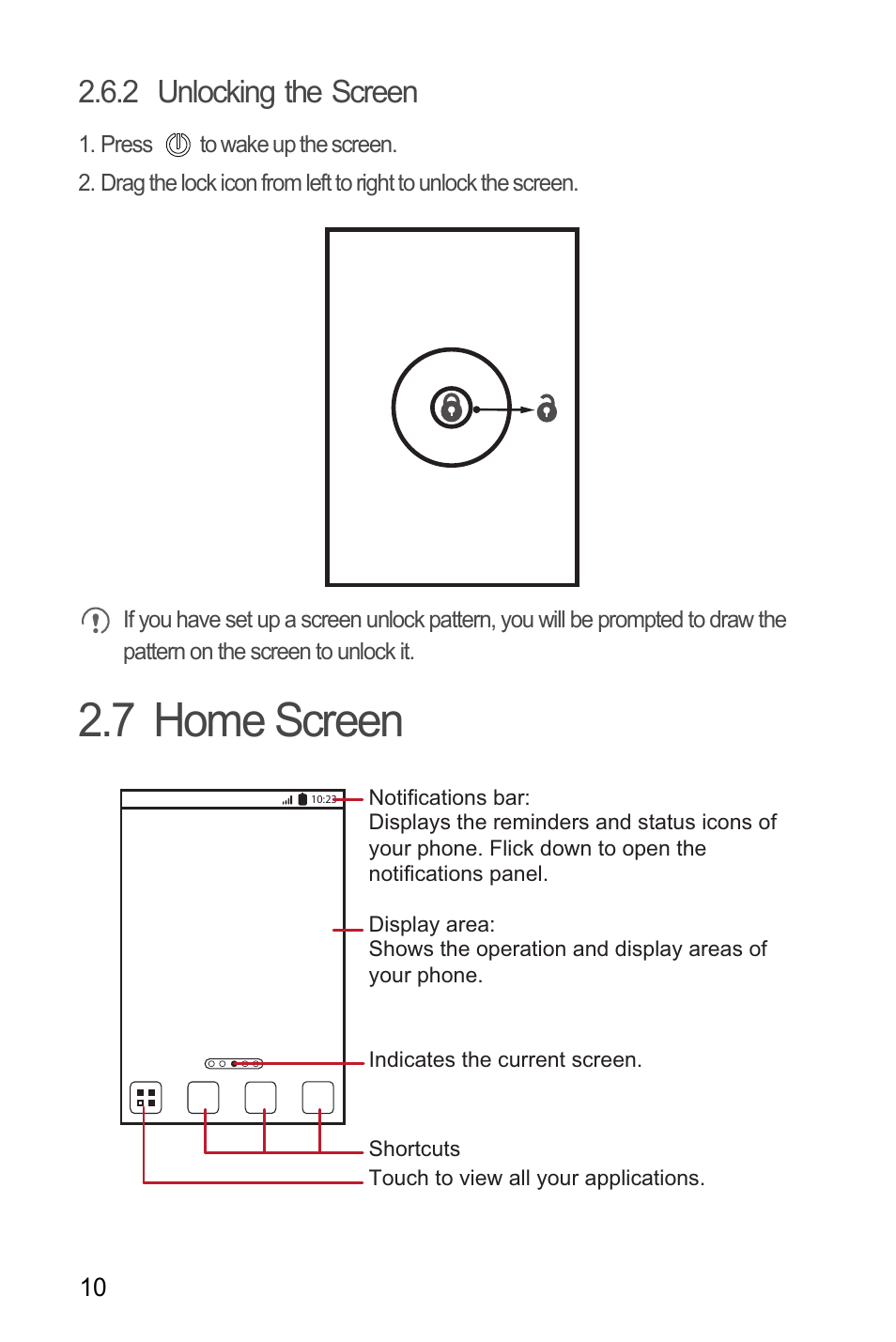 2 unlocking the screen, 7 home screen | Huawei C8655 User Guide User Manual | Page 14 / 74