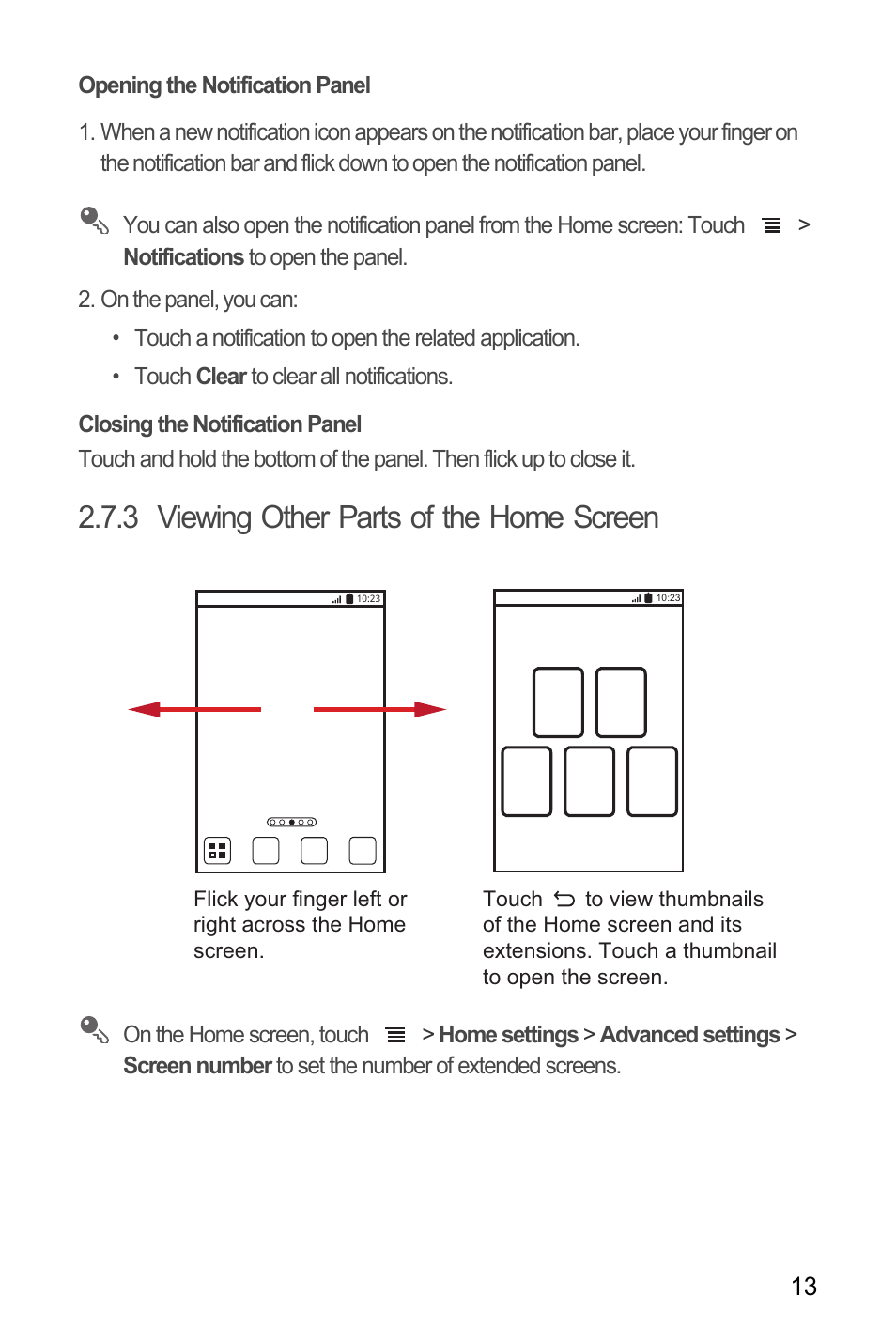 Opening the notification panel, Closing the notification panel, 3 viewing other parts of the home screen | Huawei C8655 User Guide User Manual | Page 17 / 74