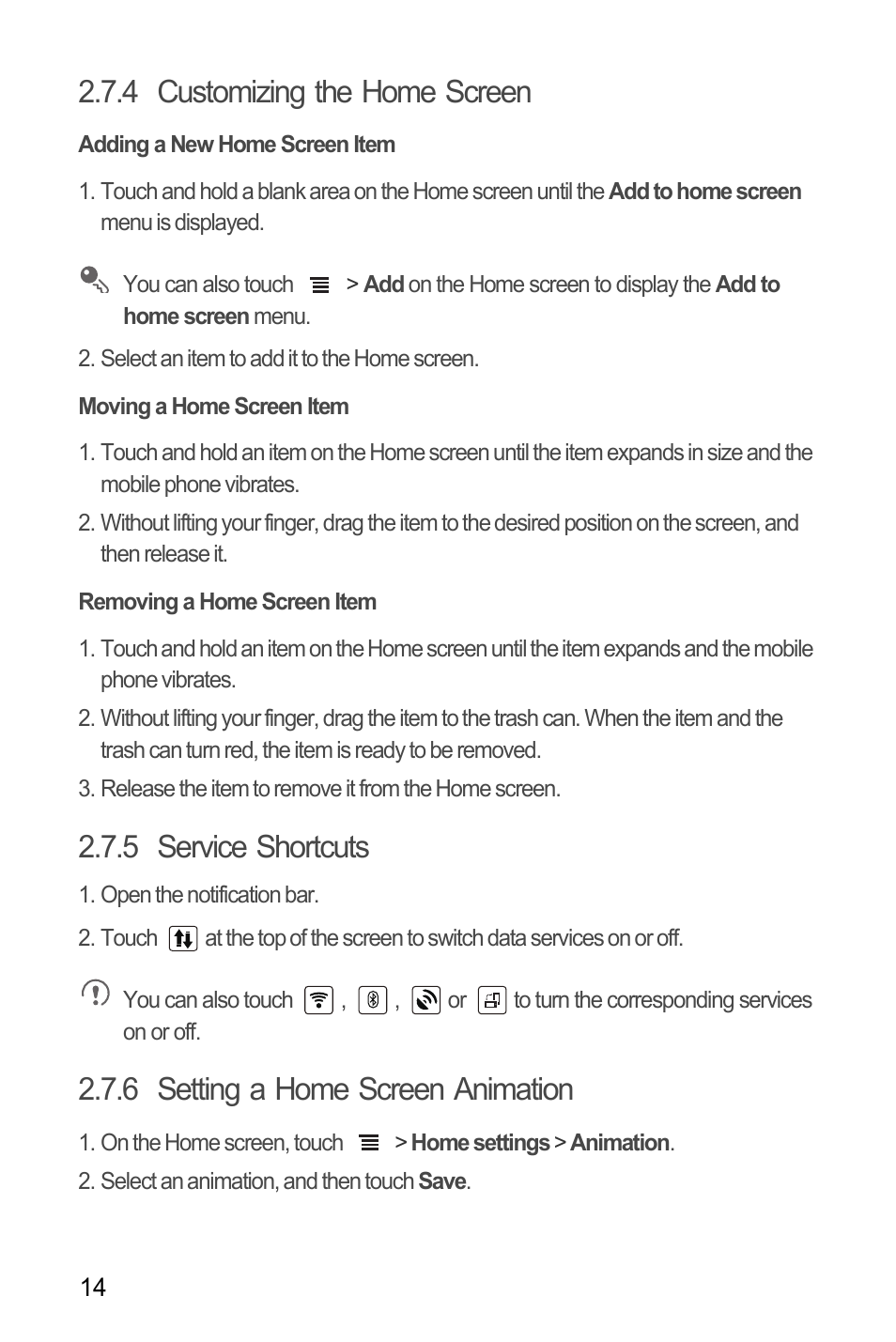 4 customizing the home screen, Adding a new home screen item, Moving a home screen item | Removing a home screen item, 5 service shortcuts, 6 setting a home screen animation | Huawei C8655 User Guide User Manual | Page 18 / 74