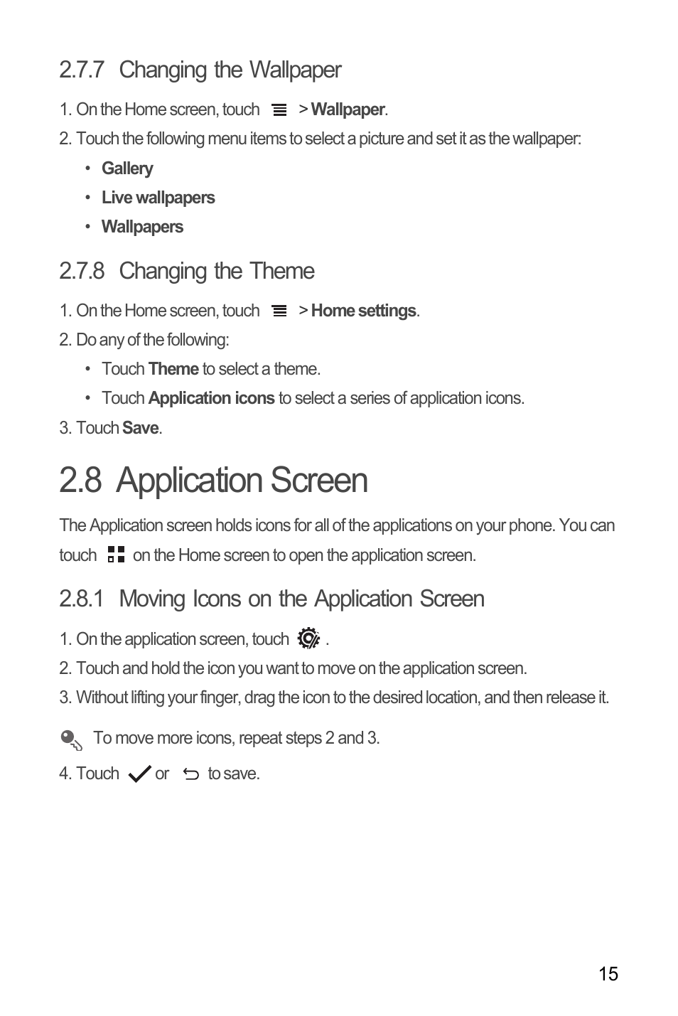 7 changing the wallpaper, 8 changing the theme, 8 application screen | 1 moving icons on the application screen | Huawei C8655 User Guide User Manual | Page 19 / 74