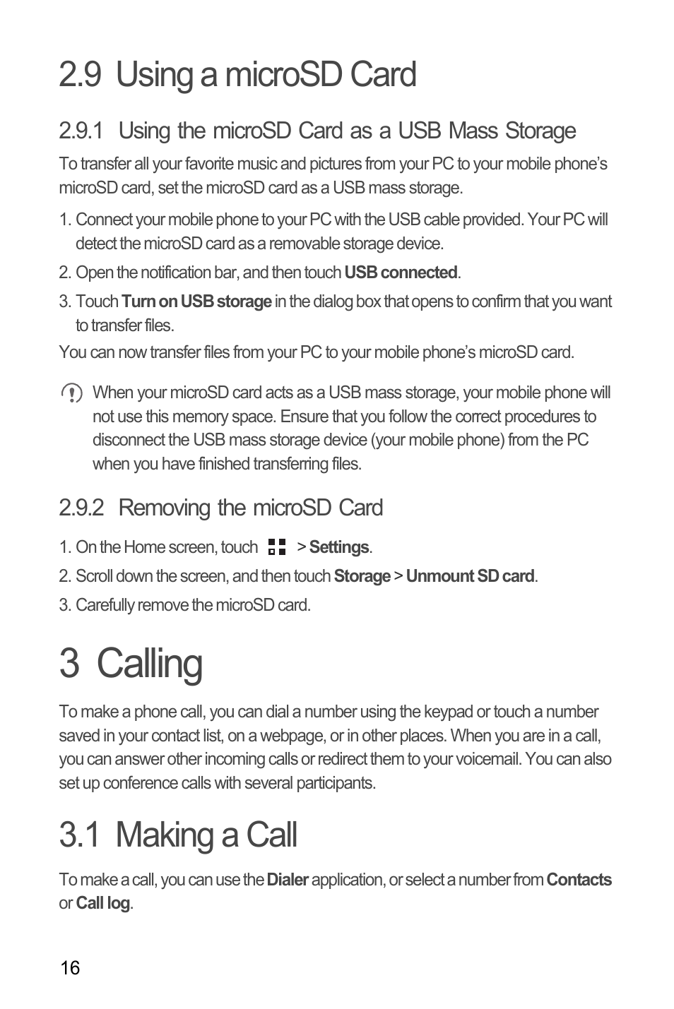 9 using a microsd card, 1 using the microsd card as a usb mass storage, 2 removing the microsd card | 3 calling, 1 making a call | Huawei C8655 User Guide User Manual | Page 20 / 74