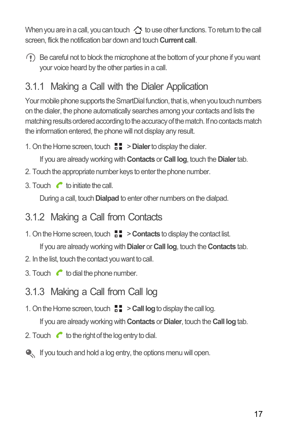 1 making a call with the dialer application, 2 making a call from contacts, 3 making a call from call log | Huawei C8655 User Guide User Manual | Page 21 / 74