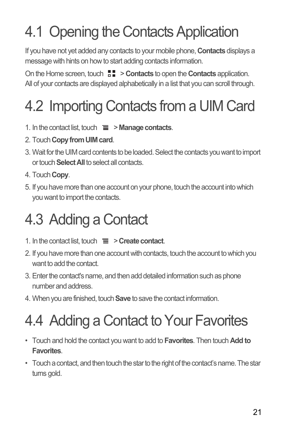 1 opening the contacts application, 2 importing contacts from a uim card, 3 adding a contact | 4 adding a contact to your favorites | Huawei C8655 User Guide User Manual | Page 25 / 74