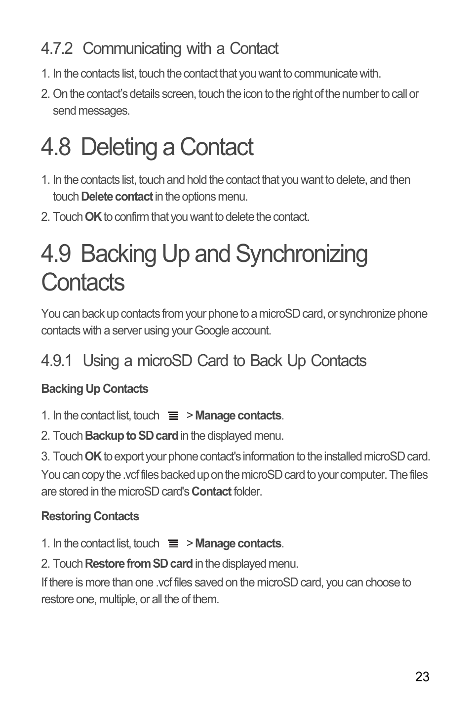 2 communicating with a contact, 8 deleting a contact, 9 backing up and synchronizing contacts | 1 using a microsd card to back up contacts, Backing up contacts, Restoring contacts | Huawei C8655 User Guide User Manual | Page 27 / 74