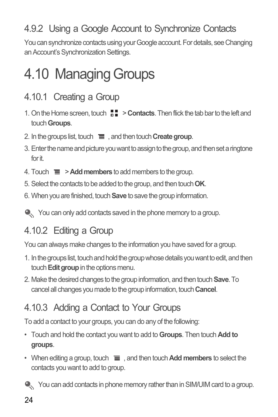 2 using a google account to synchronize contacts, 10 managing groups, 1 creating a group | 2 editing a group, 3 adding a contact to your groups | Huawei C8655 User Guide User Manual | Page 28 / 74