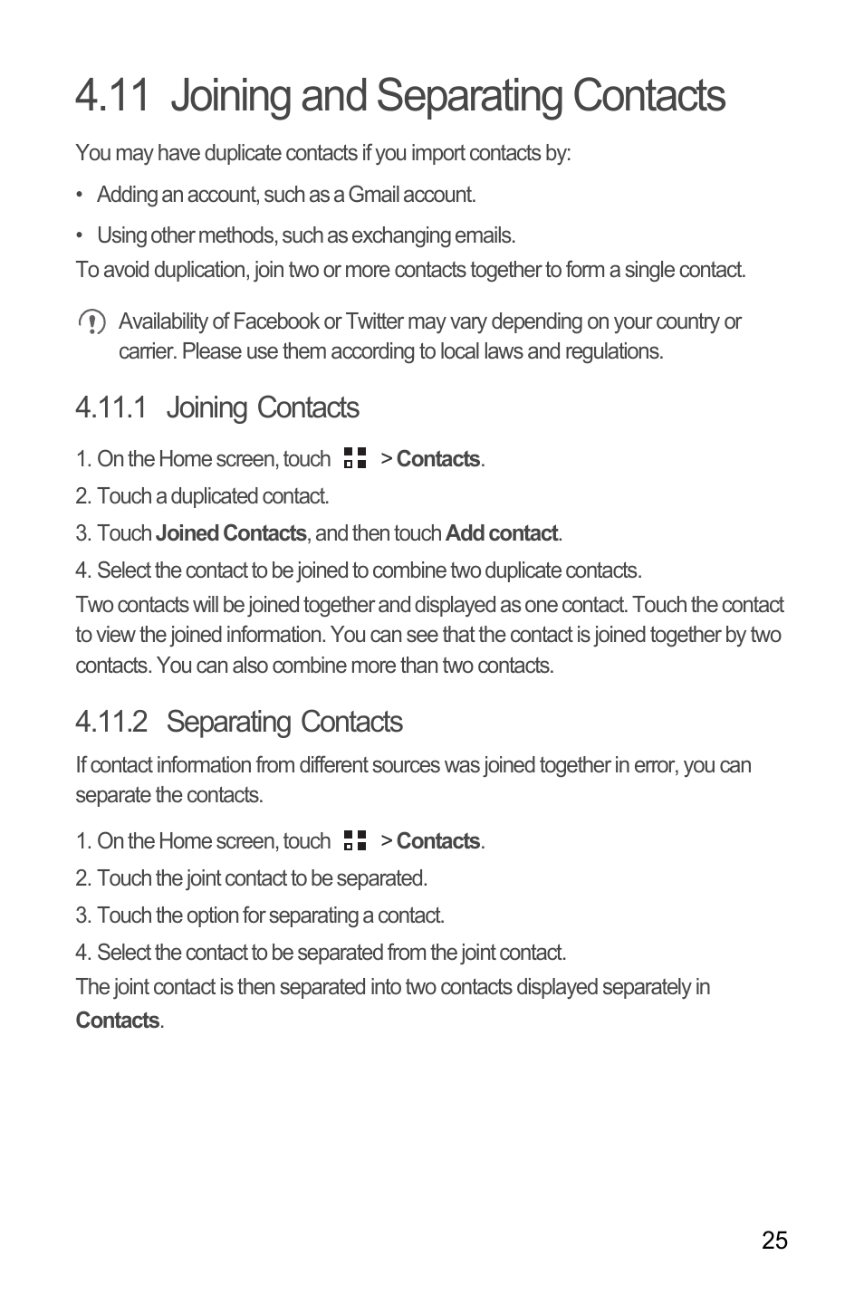 11 joining and separating contacts, 1 joining contacts, 2 separating contacts | Huawei C8655 User Guide User Manual | Page 29 / 74