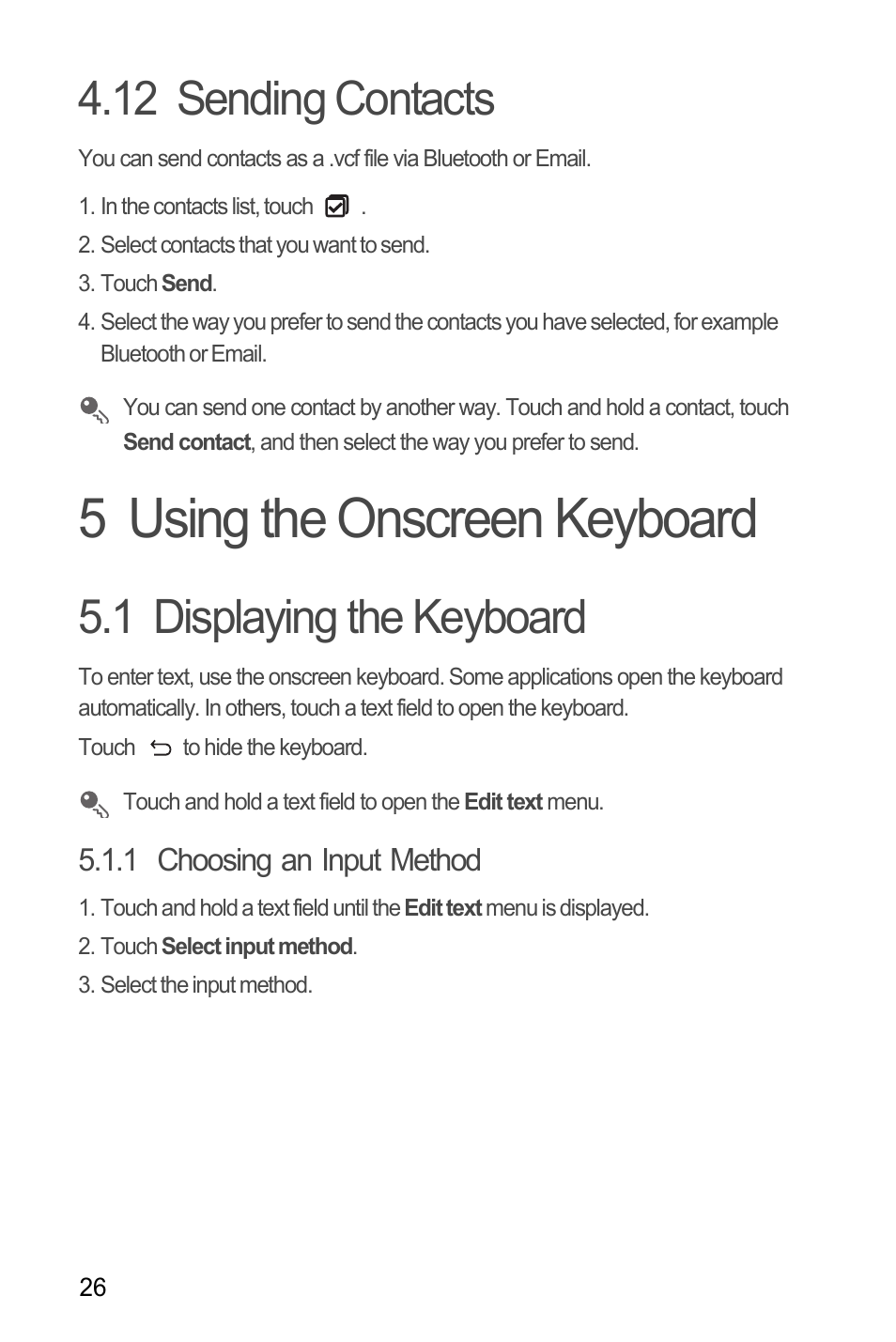 12 sending contacts, 5 using the onscreen keyboard, 1 displaying the keyboard | 1 choosing an input method | Huawei C8655 User Guide User Manual | Page 30 / 74