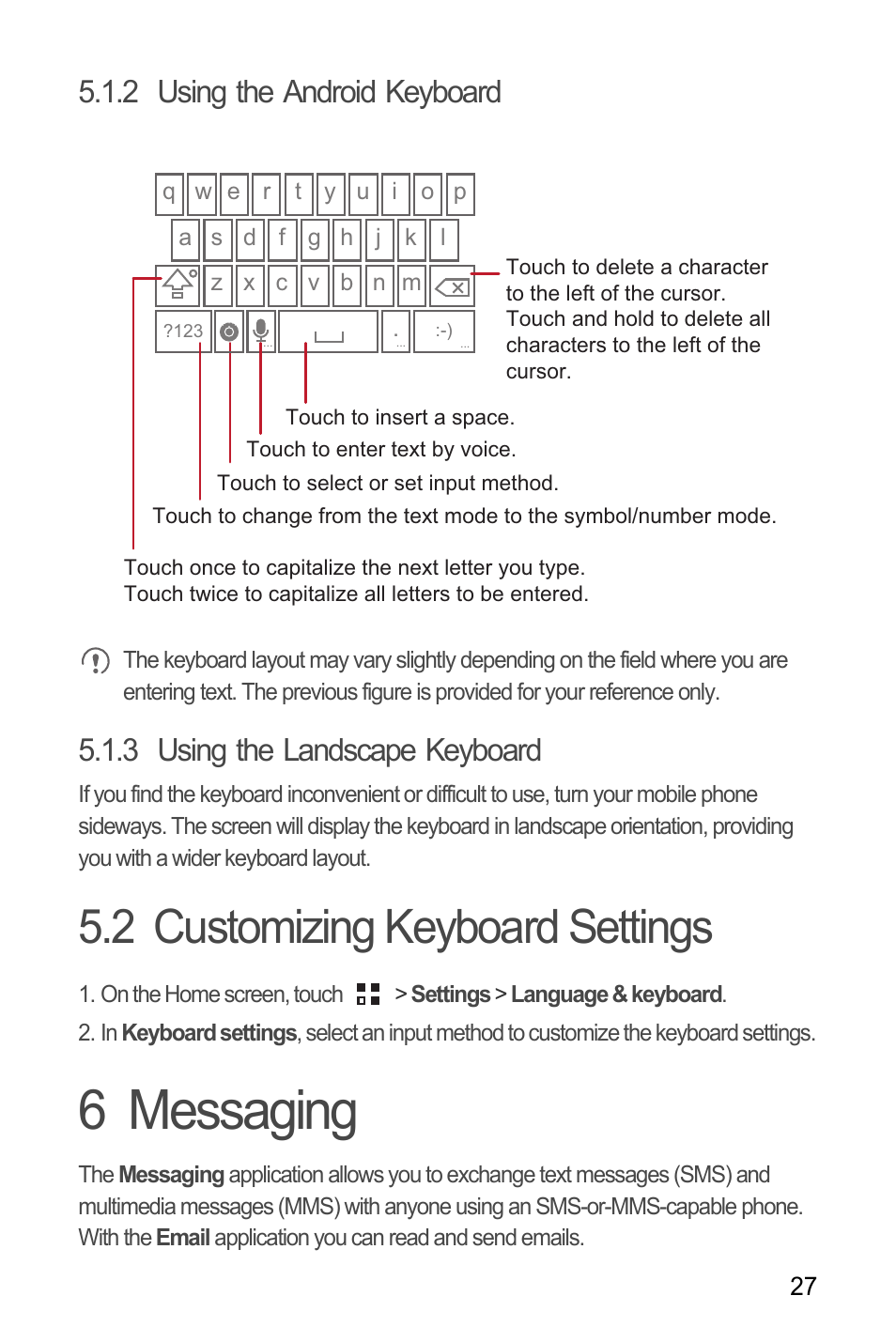 2 using the android keyboard, 3 using the landscape keyboard, 2 customizing keyboard settings | 6 messaging | Huawei C8655 User Guide User Manual | Page 31 / 74