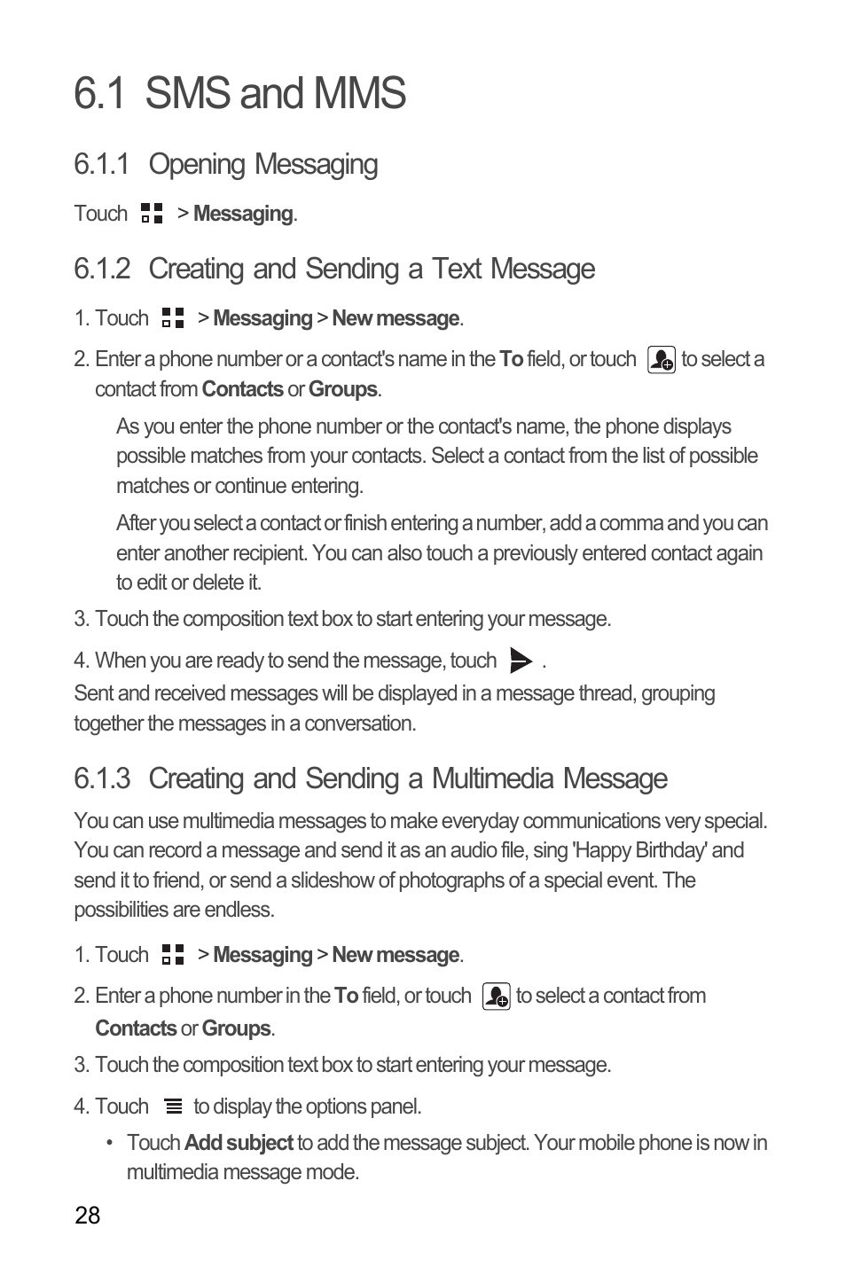 1 sms and mms, 1 opening messaging, 2 creating and sending a text message | 3 creating and sending a multimedia message | Huawei C8655 User Guide User Manual | Page 32 / 74