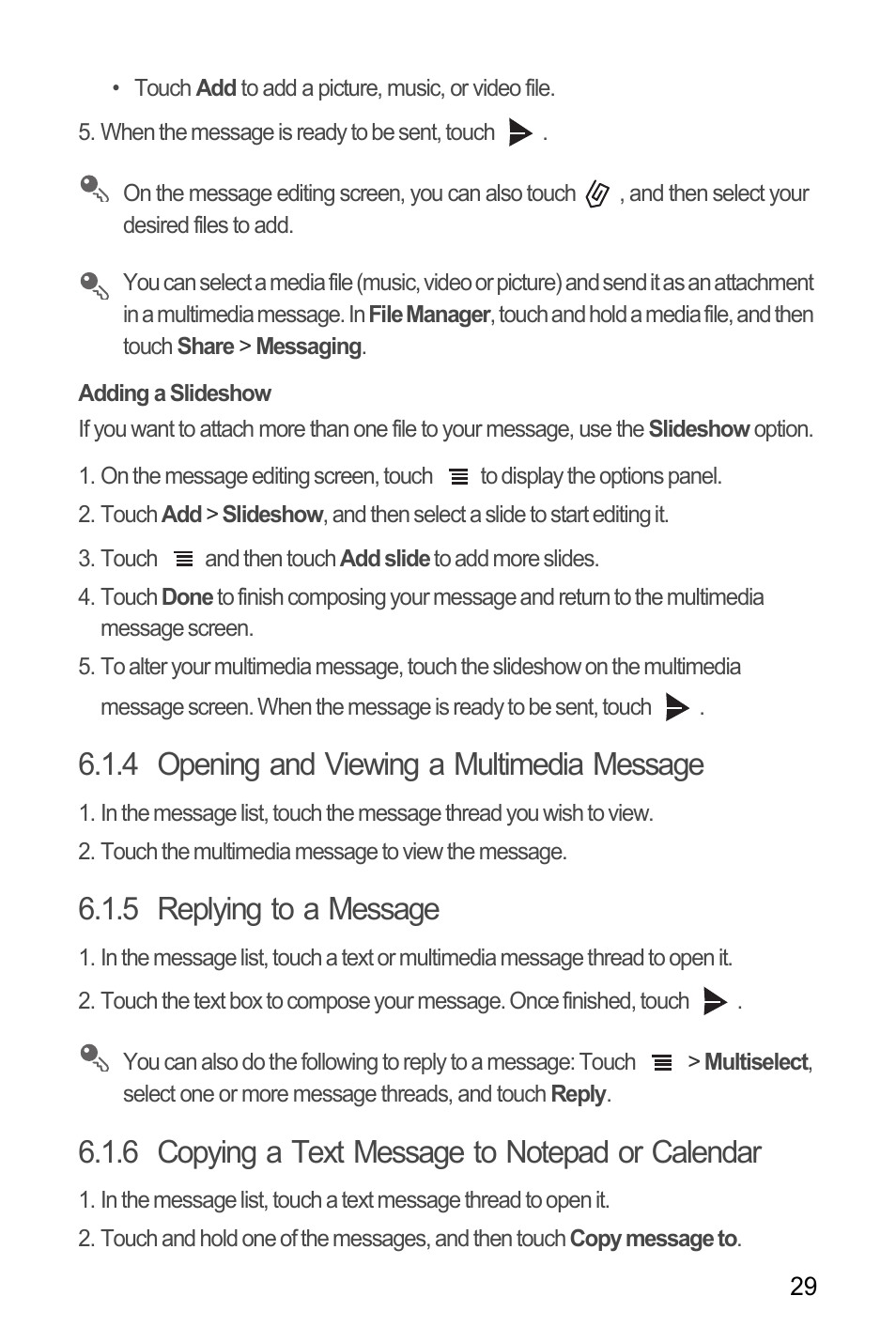 Adding a slideshow, 4 opening and viewing a multimedia message, 5 replying to a message | 6 copying a text message to notepad or calendar | Huawei C8655 User Guide User Manual | Page 33 / 74