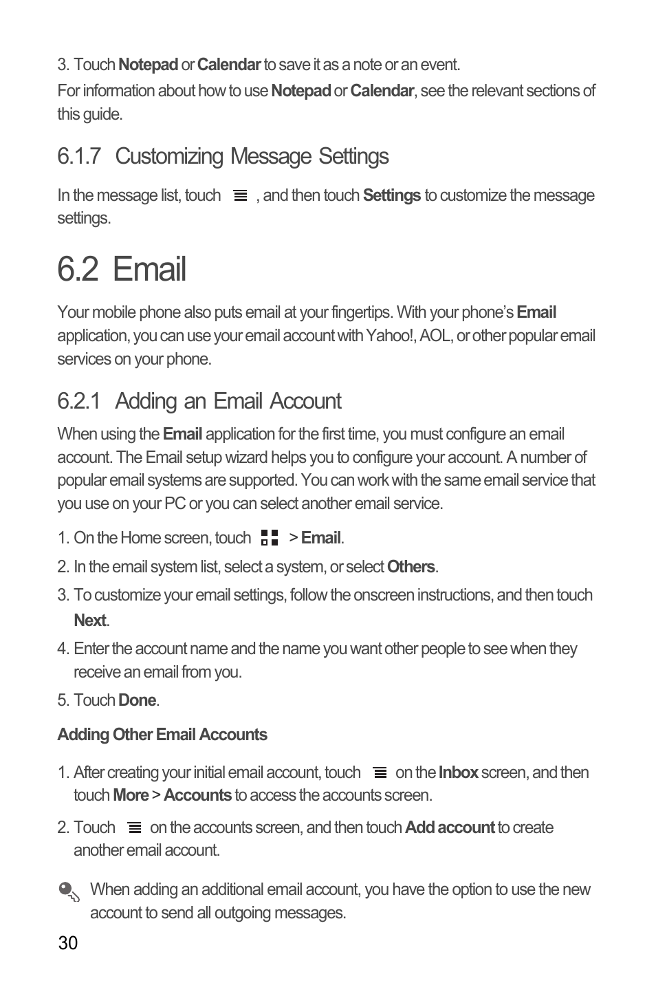 7 customizing message settings, 2 email, 1 adding an email account | Adding other email accounts | Huawei C8655 User Guide User Manual | Page 34 / 74