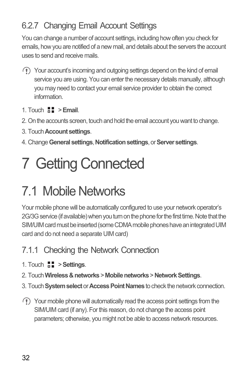 7 changing email account settings, 7 getting connected, 1 mobile networks | 1 checking the network connection | Huawei C8655 User Guide User Manual | Page 36 / 74