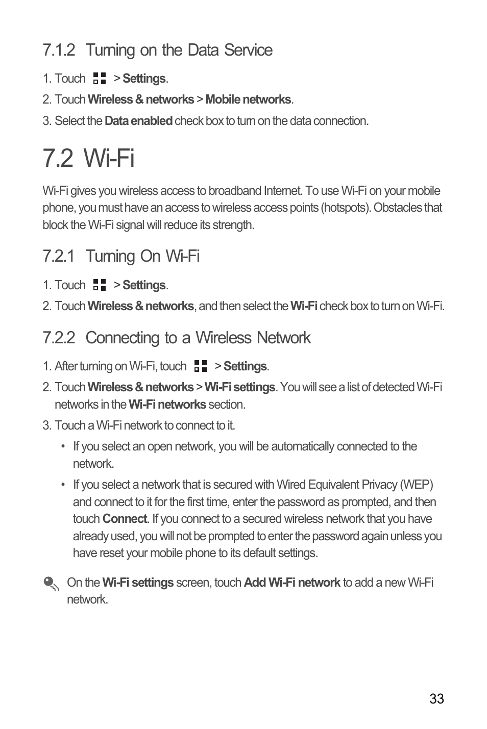 2 turning on the data service, 2 wi-fi, 1 turning on wi-fi | 2 connecting to a wireless network | Huawei C8655 User Guide User Manual | Page 37 / 74