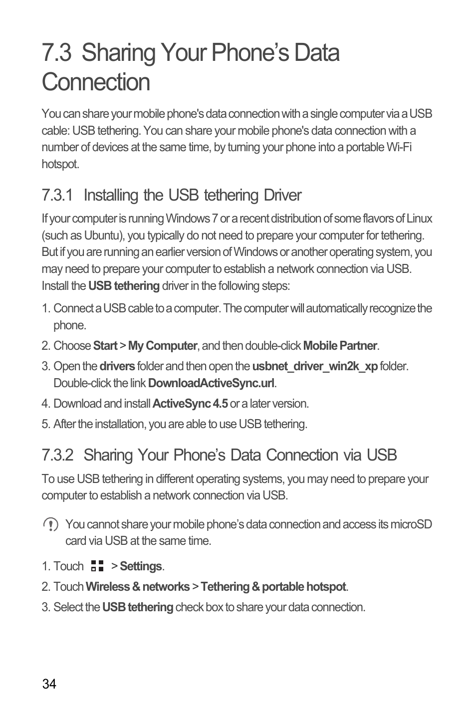 3 sharing your phone’s data connection, 1 installing the usb tethering driver, 2 sharing your phone’s data connection via usb | Huawei C8655 User Guide User Manual | Page 38 / 74