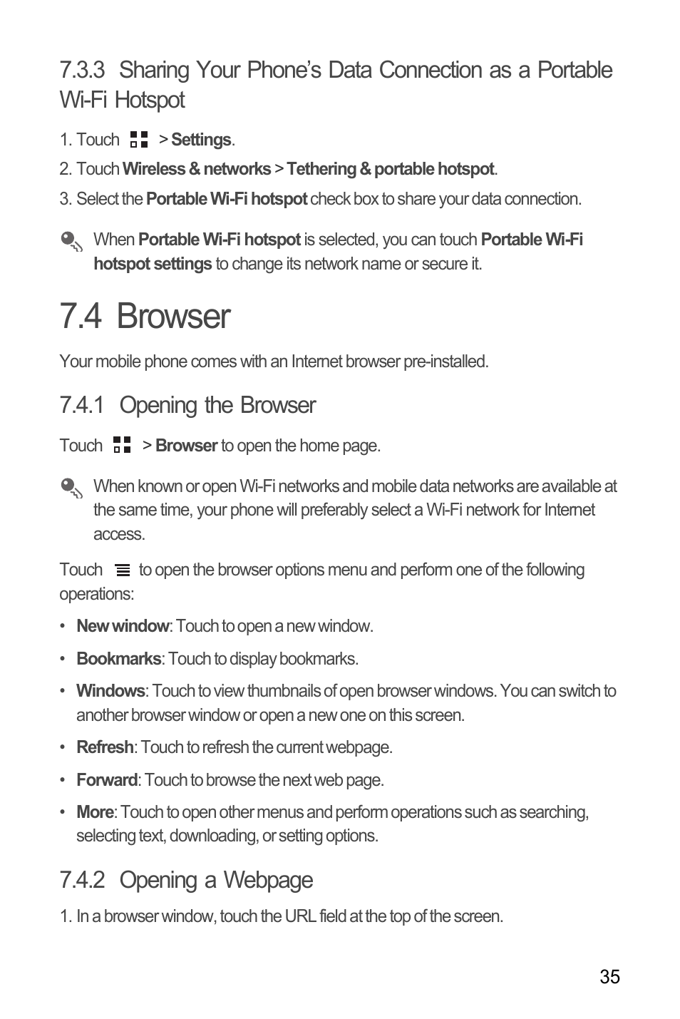 4 browser, 1 opening the browser, 2 opening a webpage | Huawei C8655 User Guide User Manual | Page 39 / 74