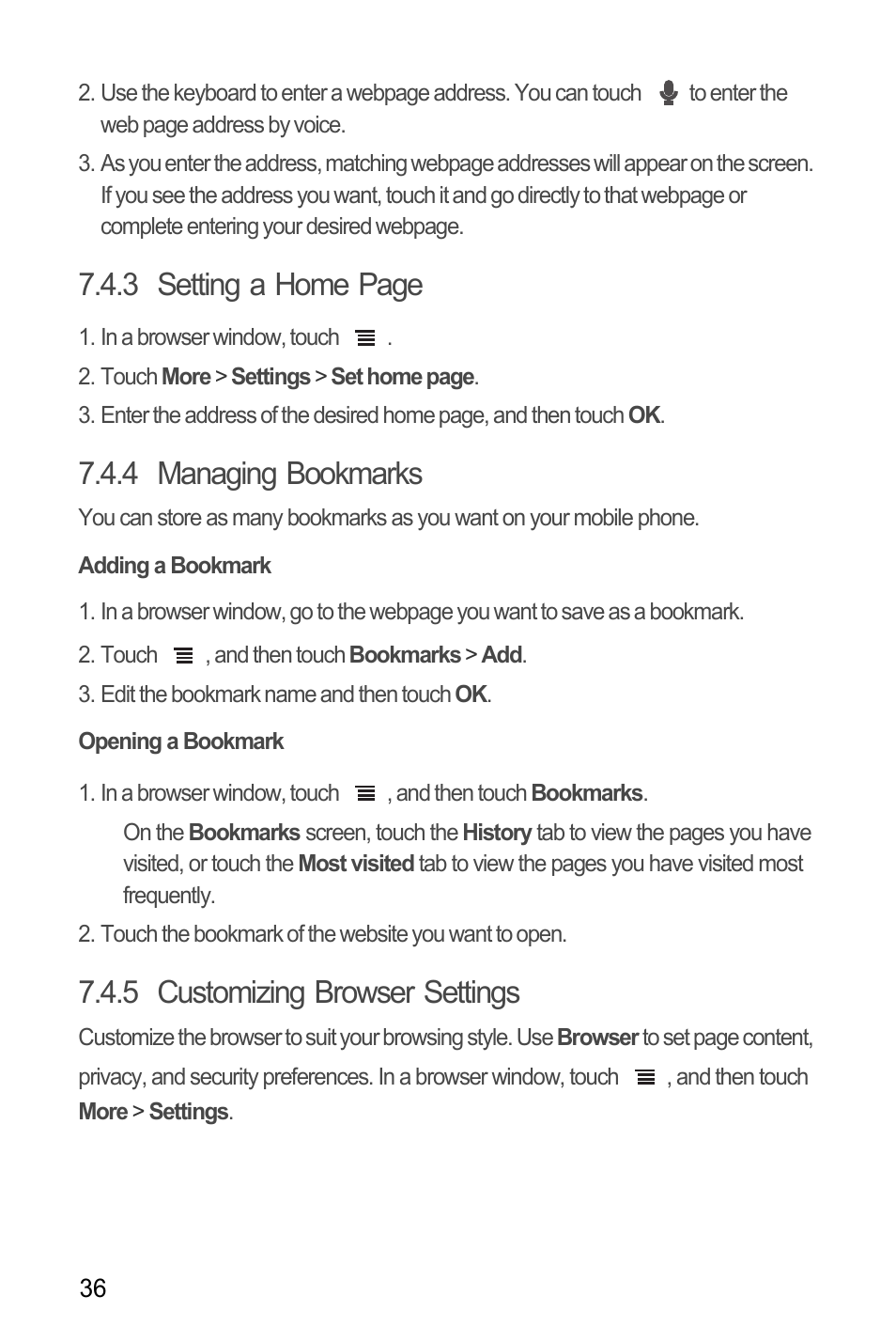 4 managing bookmarks, Adding a bookmark, Opening a bookmark | 5 customizing browser settings, 3 setting a home page | Huawei C8655 User Guide User Manual | Page 40 / 74