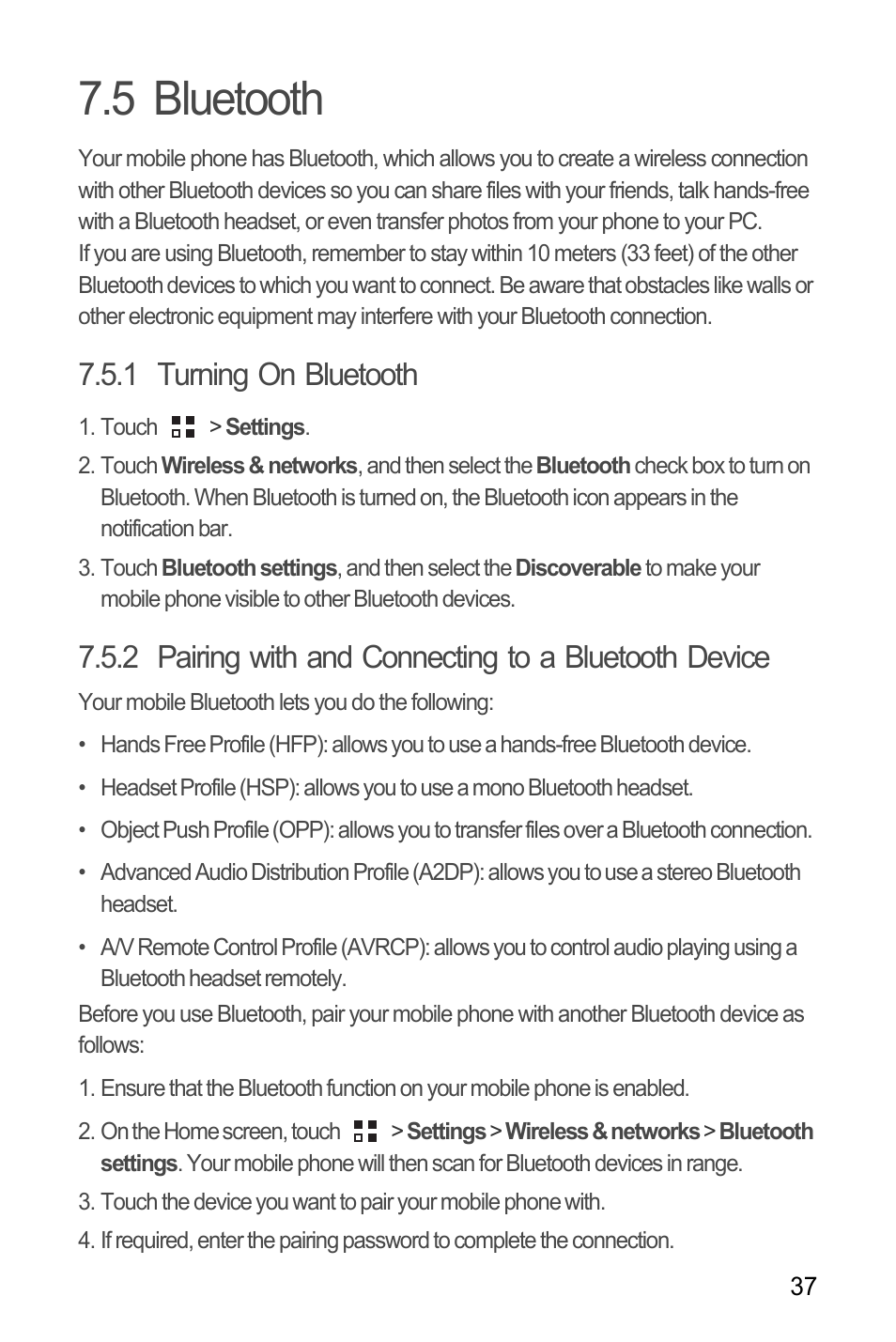 5 bluetooth, 1 turning on bluetooth | Huawei C8655 User Guide User Manual | Page 41 / 74