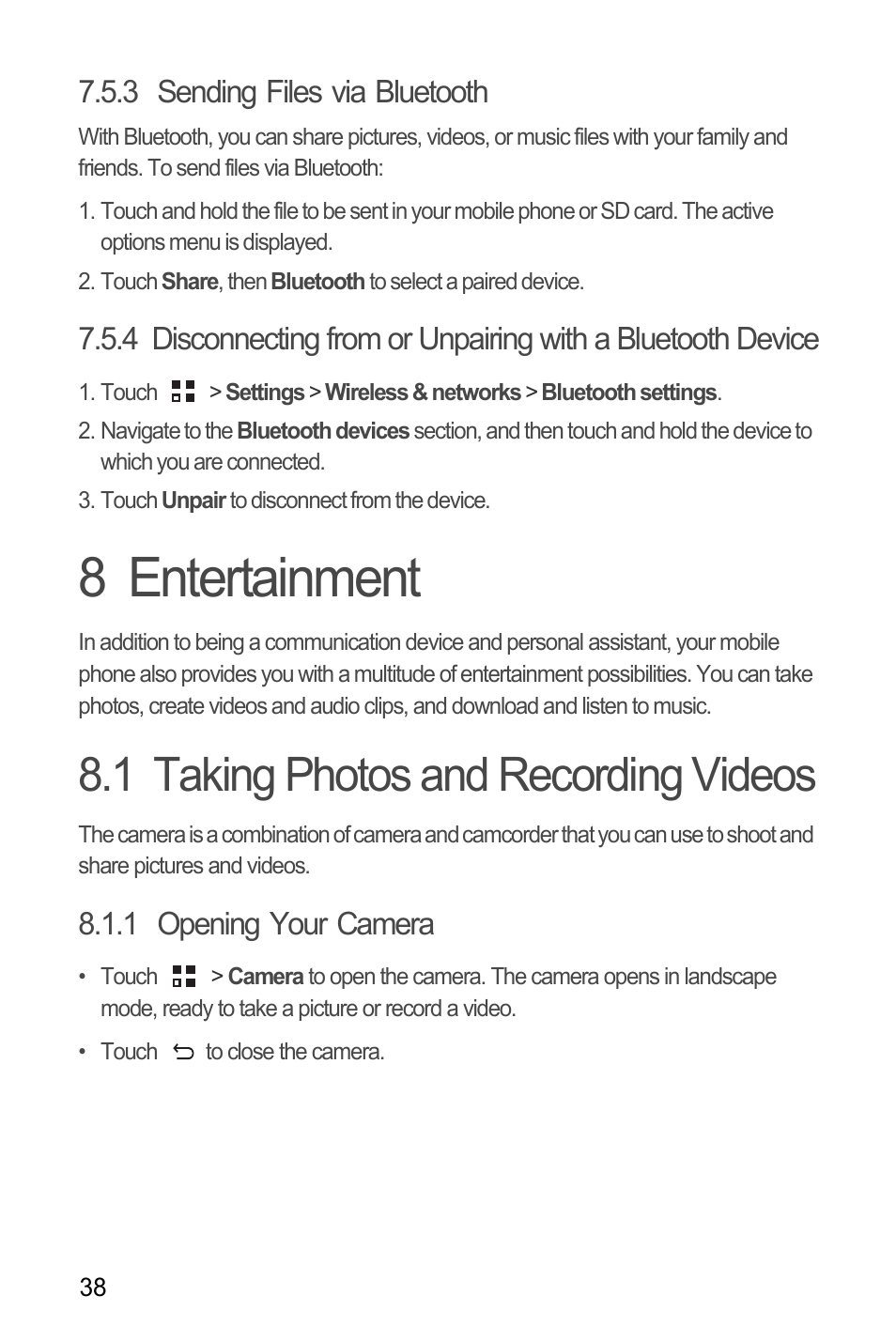 3 sending files via bluetooth, 8 entertainment, 1 taking photos and recording videos | 1 opening your camera | Huawei C8655 User Guide User Manual | Page 42 / 74