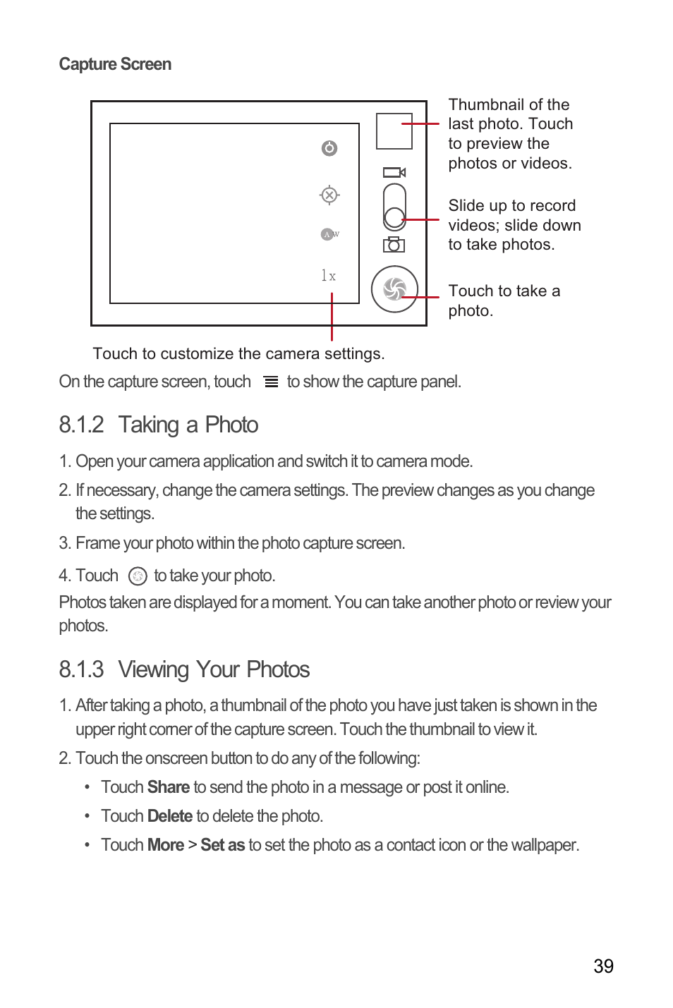 Capture screen, 2 taking a photo, 3 viewing your photos | Huawei C8655 User Guide User Manual | Page 43 / 74