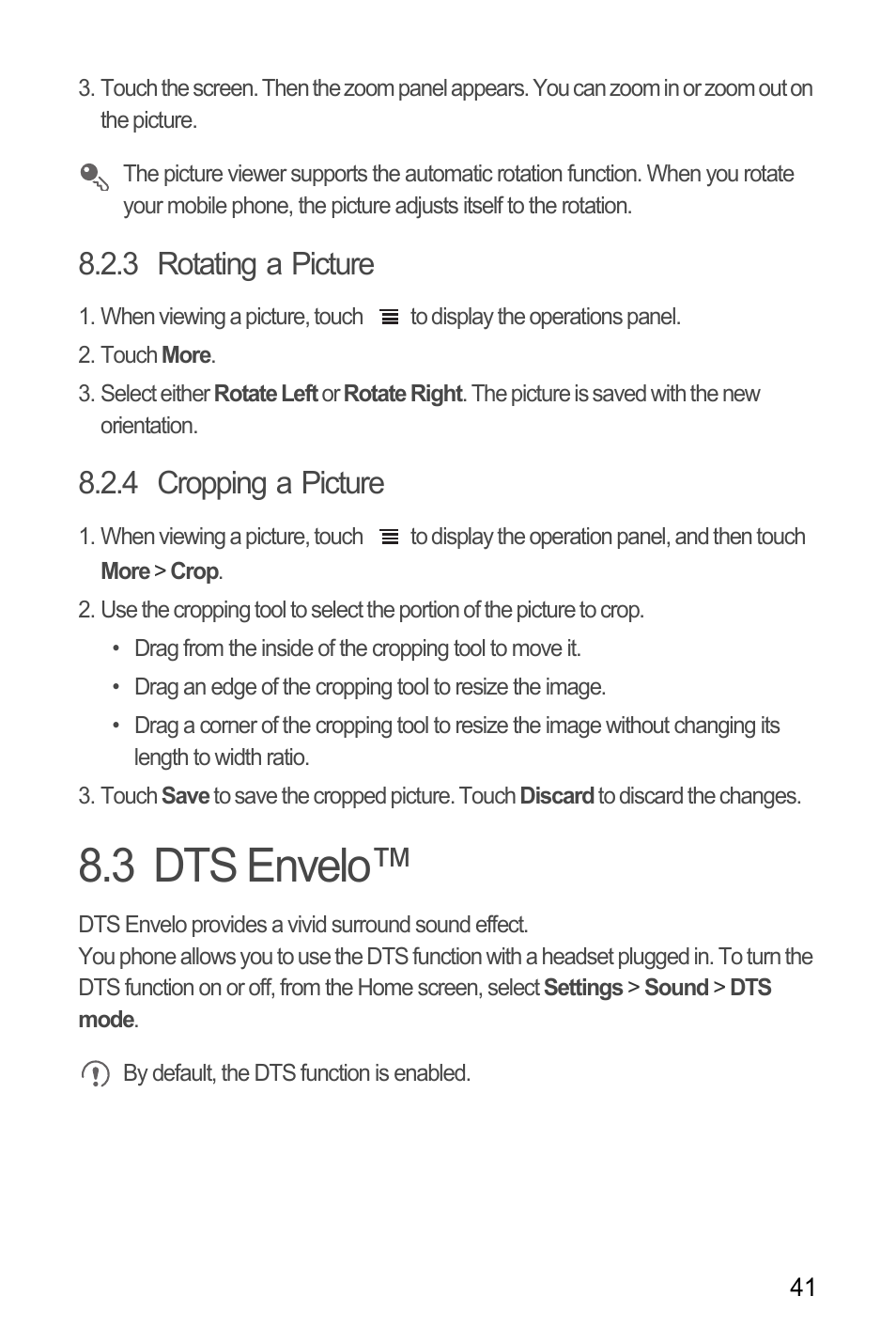 3 rotating a picture, 4 cropping a picture, 3 dts envelo | Huawei C8655 User Guide User Manual | Page 45 / 74