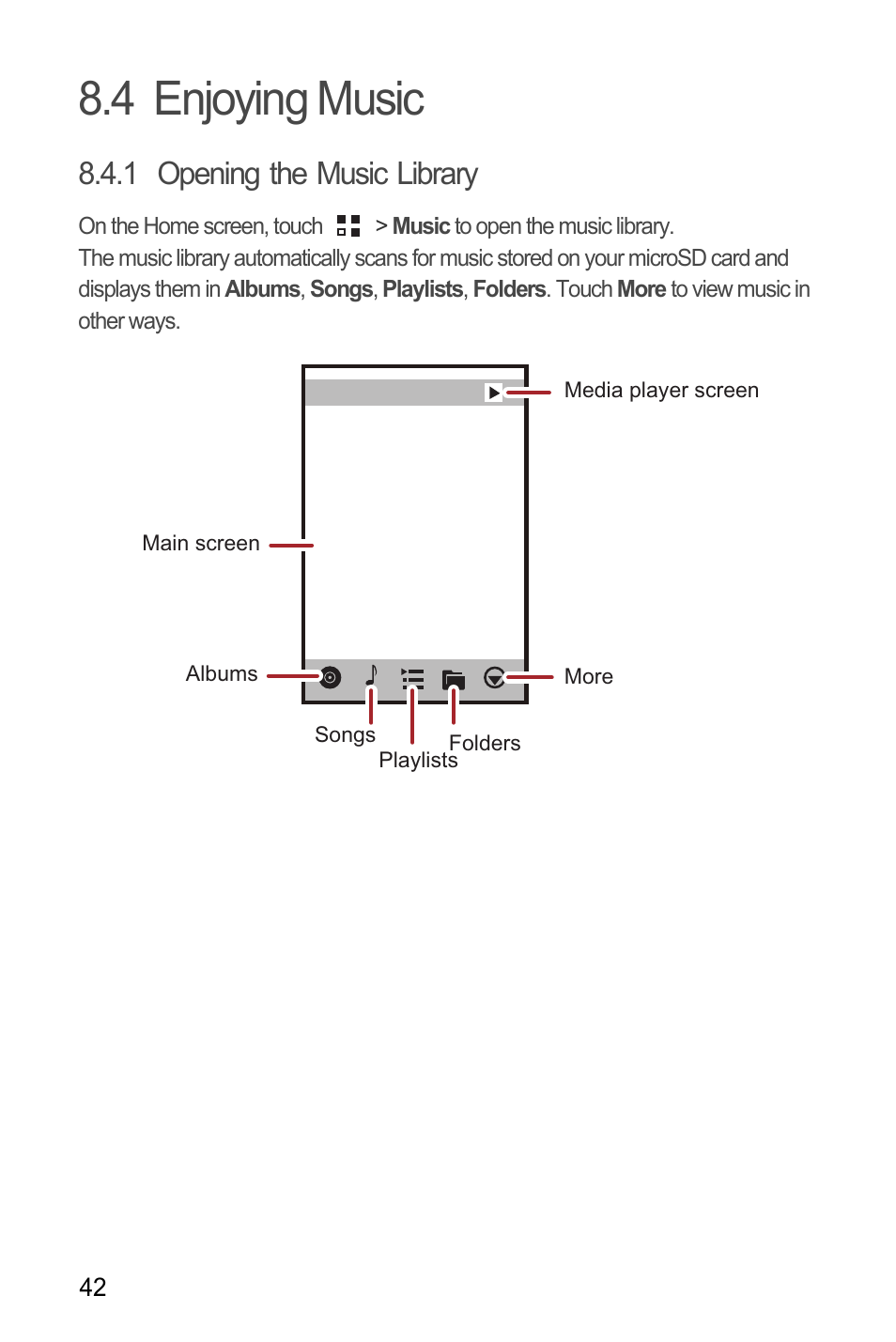 4 enjoying music, 1 opening the music library | Huawei C8655 User Guide User Manual | Page 46 / 74
