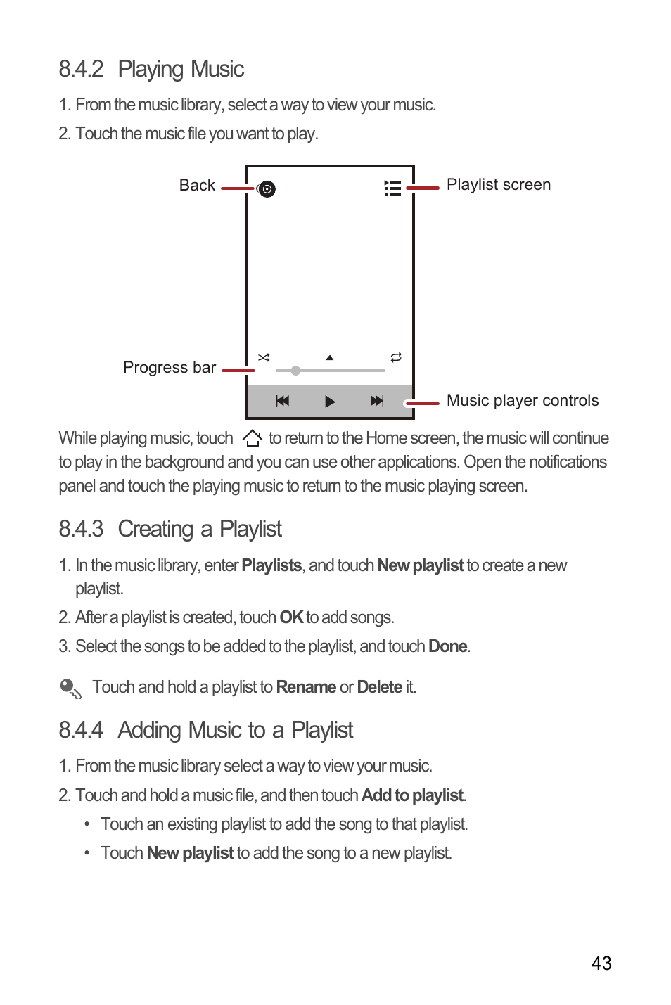 2 playing music, 3 creating a playlist, 4 adding music to a playlist | Huawei C8655 User Guide User Manual | Page 47 / 74