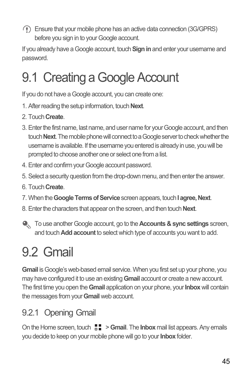 1 creating a google account, 2 gmail, 1 opening gmail | 1 creating a google account 9.2 gmail | Huawei C8655 User Guide User Manual | Page 49 / 74