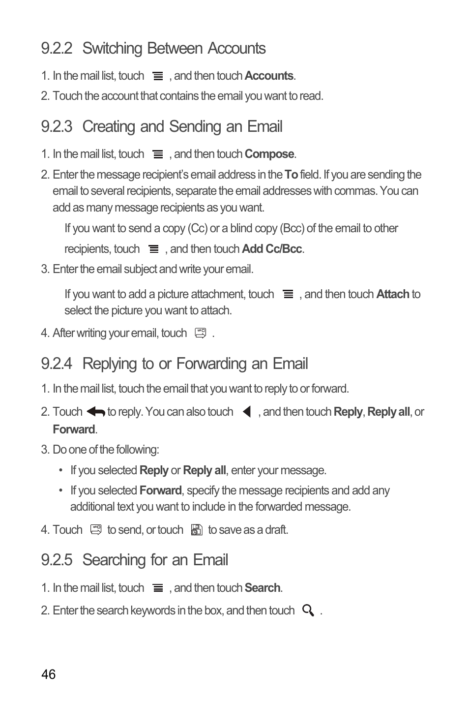 2 switching between accounts, 3 creating and sending an email, 4 replying to or forwarding an email | 5 searching for an email | Huawei C8655 User Guide User Manual | Page 50 / 74