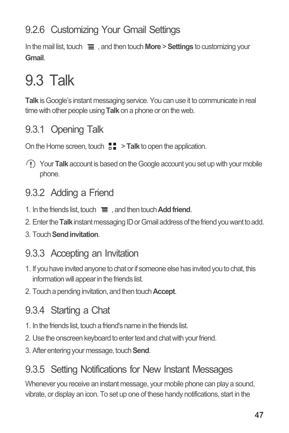 6 customizing your gmail settings, 3 talk, 1 opening talk | 2 adding a friend, 3 accepting an invitation, 4 starting a chat, 5 setting notifications for new instant messages | Huawei C8655 User Guide User Manual | Page 51 / 74