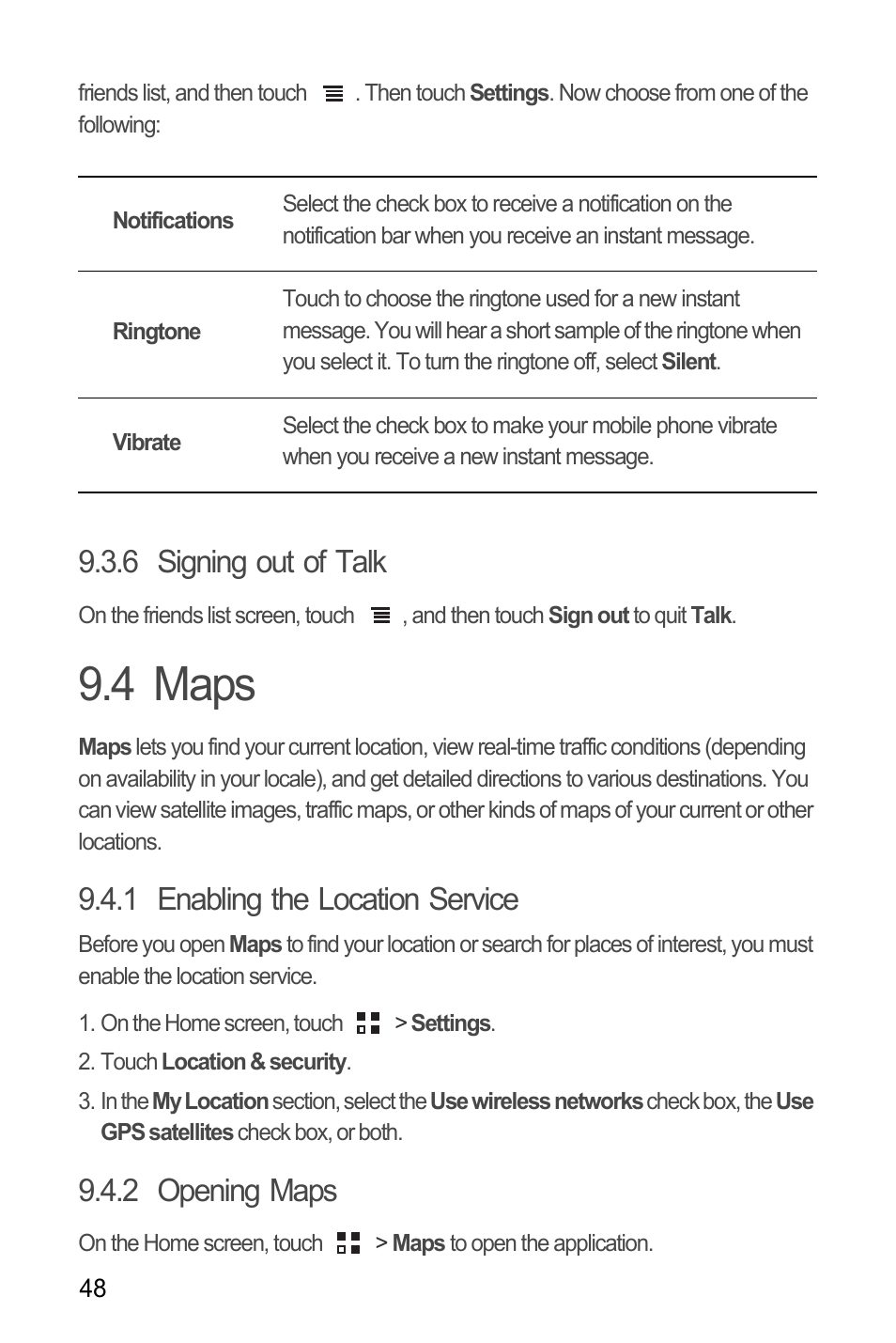 6 signing out of talk, 4 maps, 1 enabling the location service | 2 opening maps | Huawei C8655 User Guide User Manual | Page 52 / 74