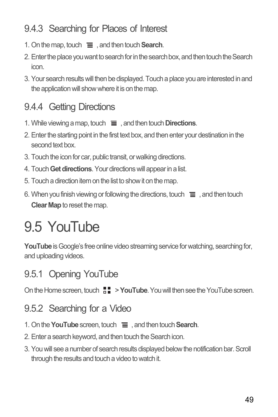 3 searching for places of interest, 4 getting directions, 5 youtube | 1 opening youtube, 2 searching for a video | Huawei C8655 User Guide User Manual | Page 53 / 74