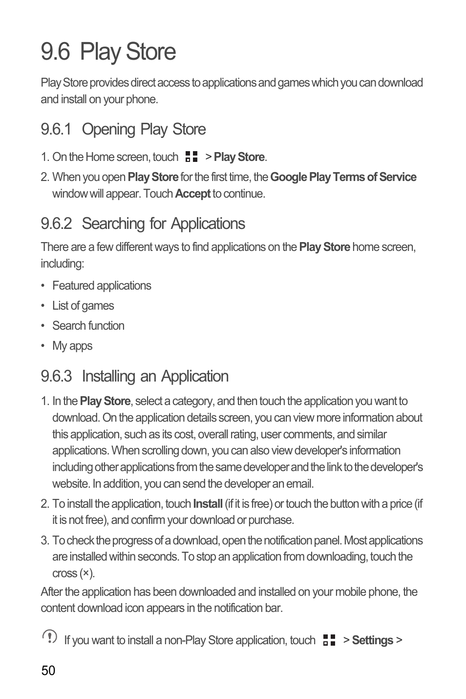 6 play store, 1 opening play store, 2 searching for applications | 3 installing an application | Huawei C8655 User Guide User Manual | Page 54 / 74