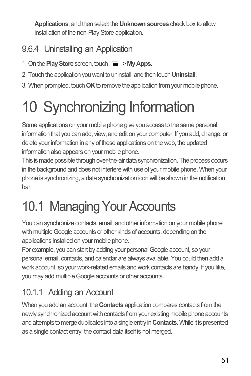 4 uninstalling an application, 10 synchronizing information, 1 managing your accounts | 1 adding an account | Huawei C8655 User Guide User Manual | Page 55 / 74