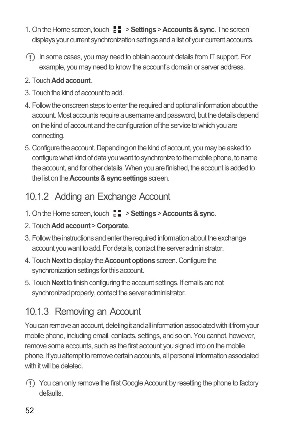 2 adding an exchange account, 3 removing an account | Huawei C8655 User Guide User Manual | Page 56 / 74