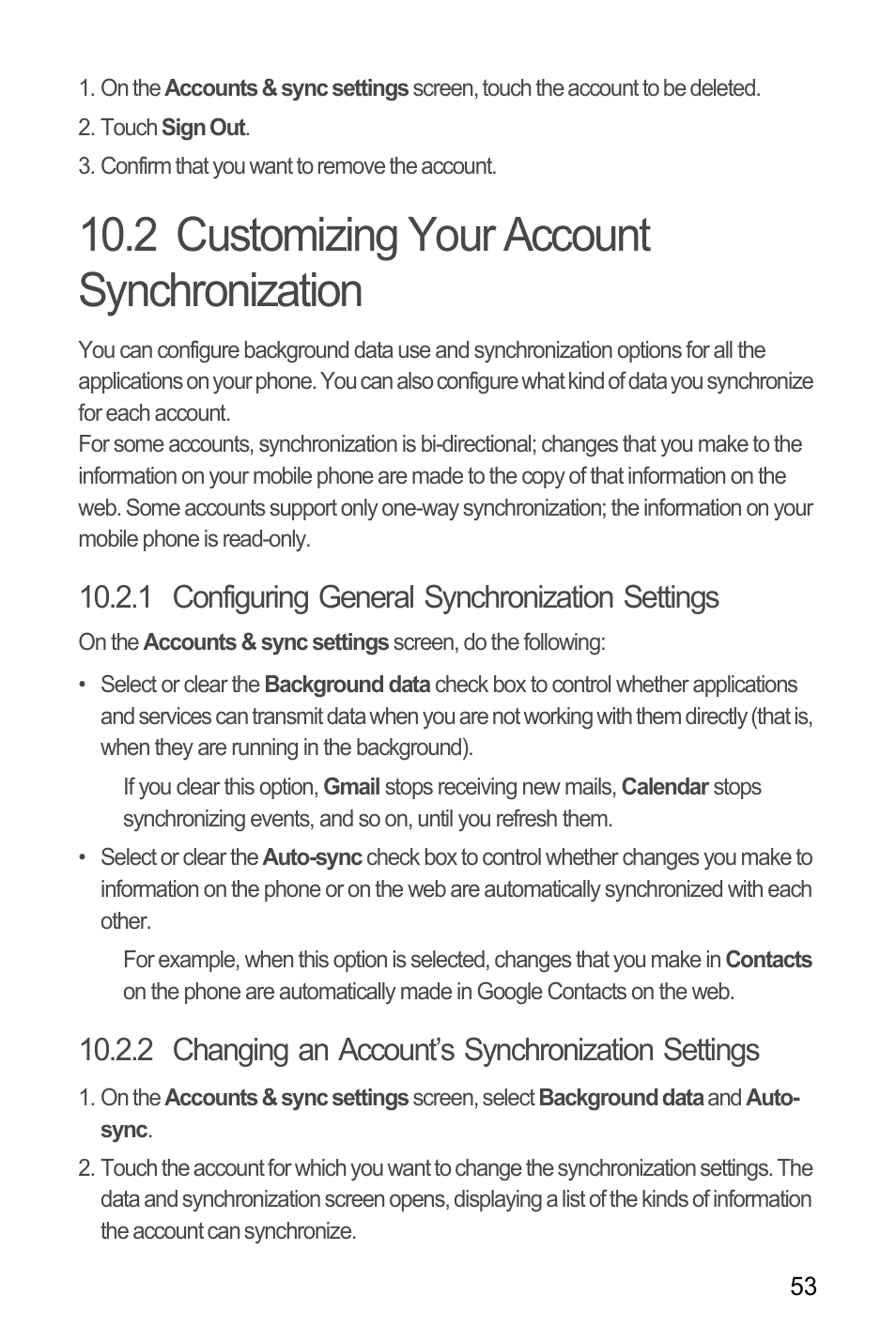 2 customizing your account synchronization, 1 configuring general synchronization settings, 2 changing an account’s synchronization settings | Huawei C8655 User Guide User Manual | Page 57 / 74