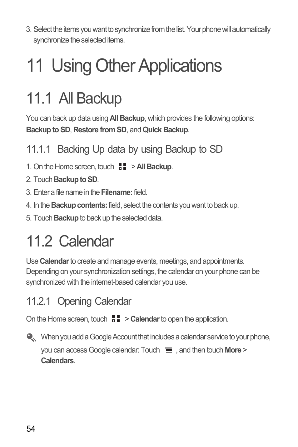 11 using other applications, 1 all backup, 1 backing up data by using backup to sd | 2 calendar, 1 opening calendar, 1 all backup 11.2 calendar | Huawei C8655 User Guide User Manual | Page 58 / 74