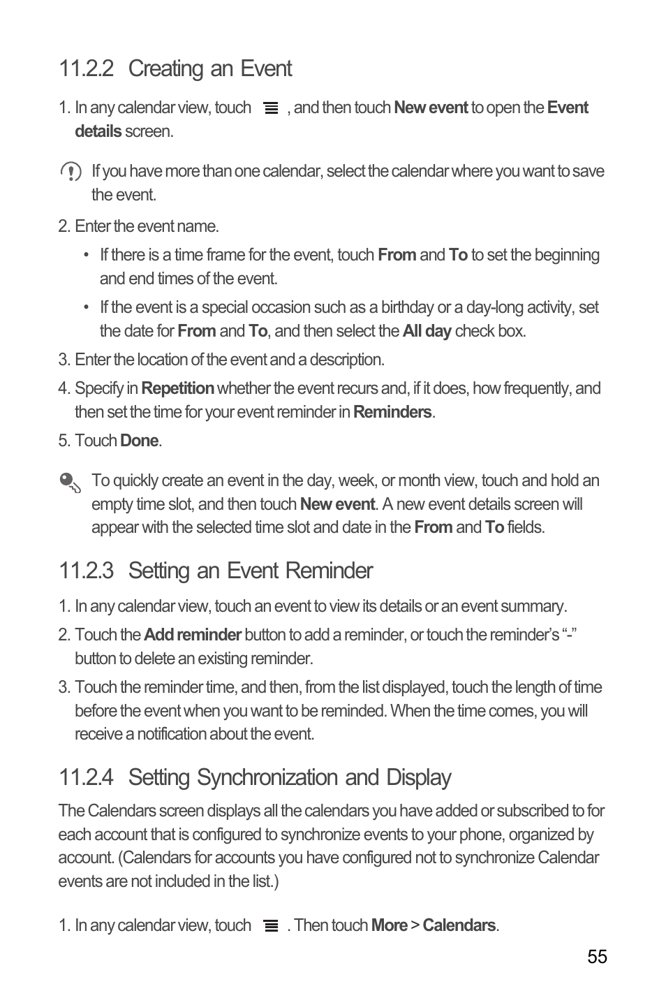 2 creating an event, 3 setting an event reminder, 4 setting synchronization and display | Huawei C8655 User Guide User Manual | Page 59 / 74