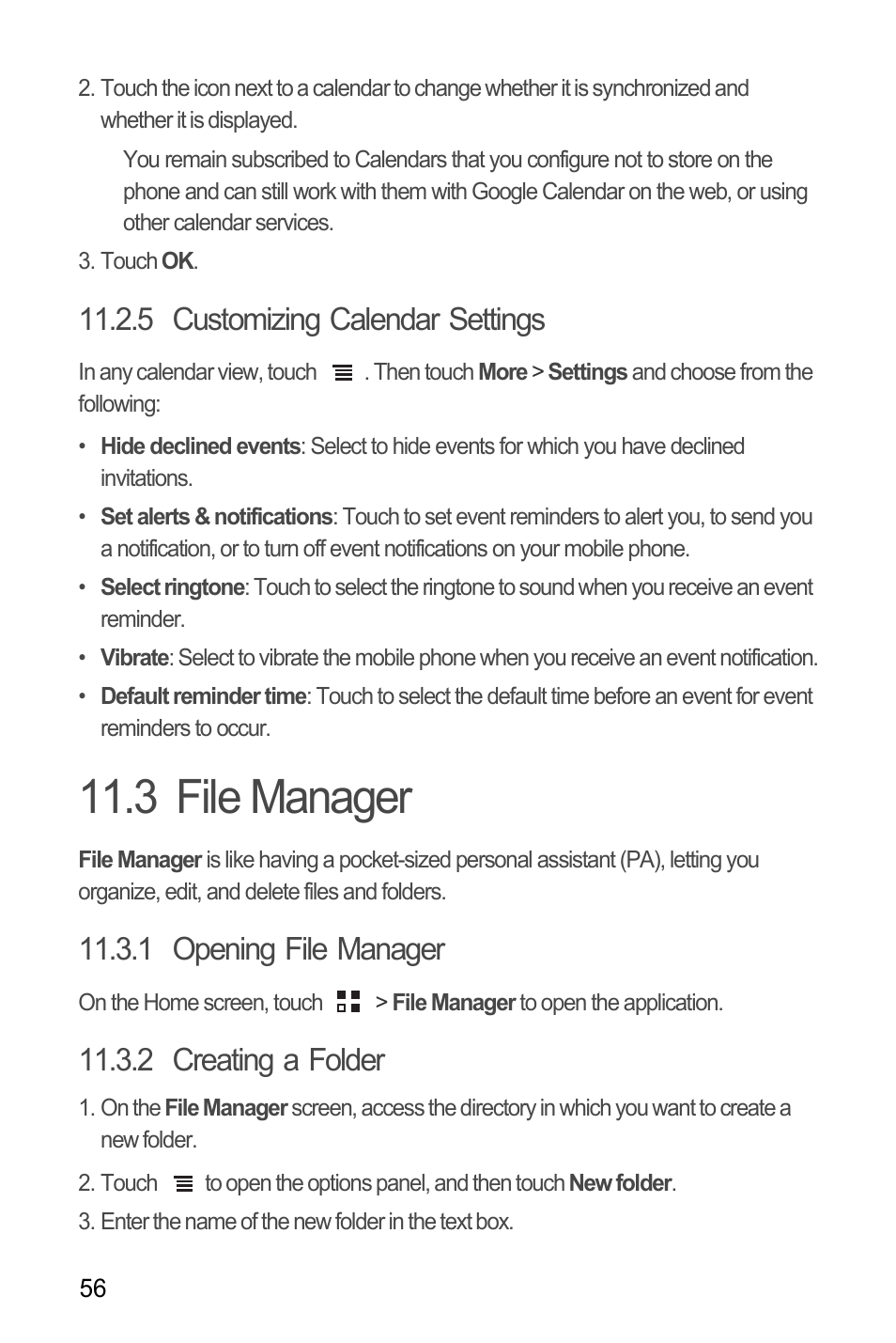 5 customizing calendar settings, 3 file manager, 1 opening file manager | 2 creating a folder | Huawei C8655 User Guide User Manual | Page 60 / 74