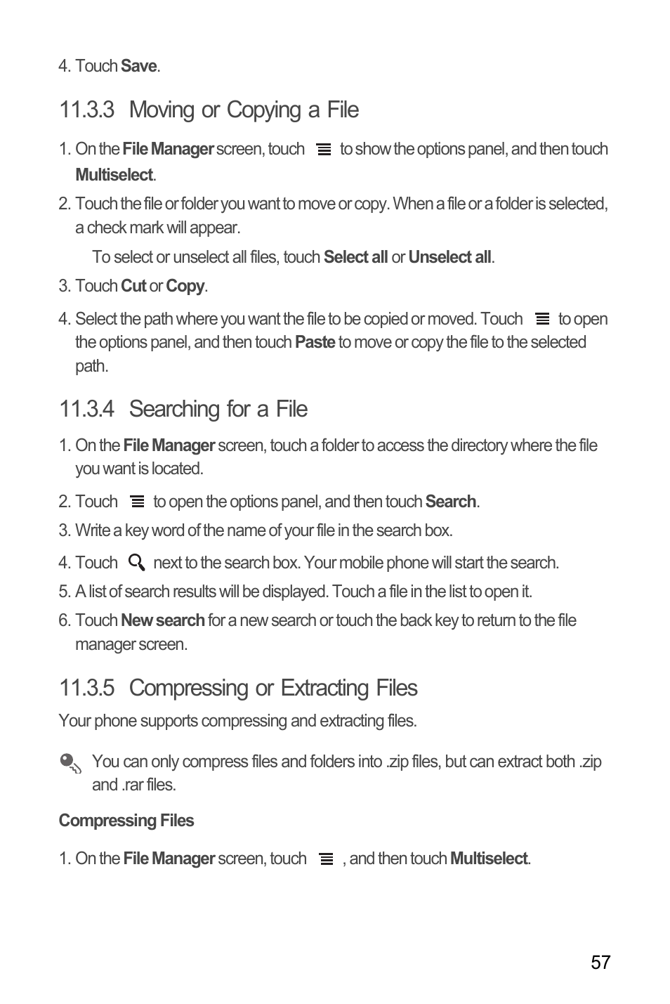 3 moving or copying a file, 4 searching for a file, 5 compressing or extracting files | Compressing files | Huawei C8655 User Guide User Manual | Page 61 / 74