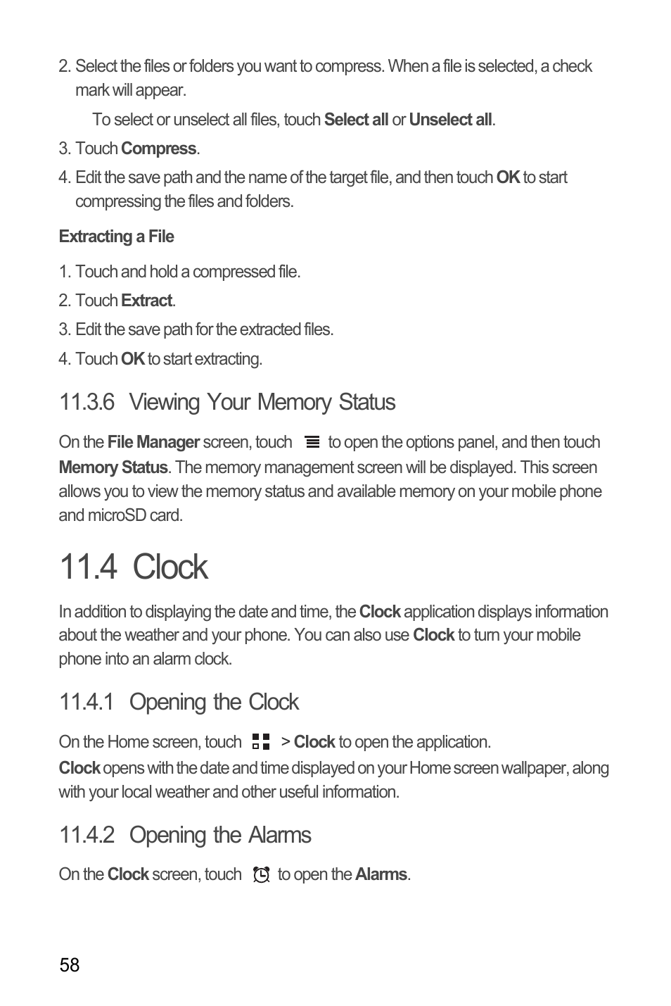 Extracting a file, 6 viewing your memory status, 4 clock | 1 opening the clock, 2 opening the alarms | Huawei C8655 User Guide User Manual | Page 62 / 74