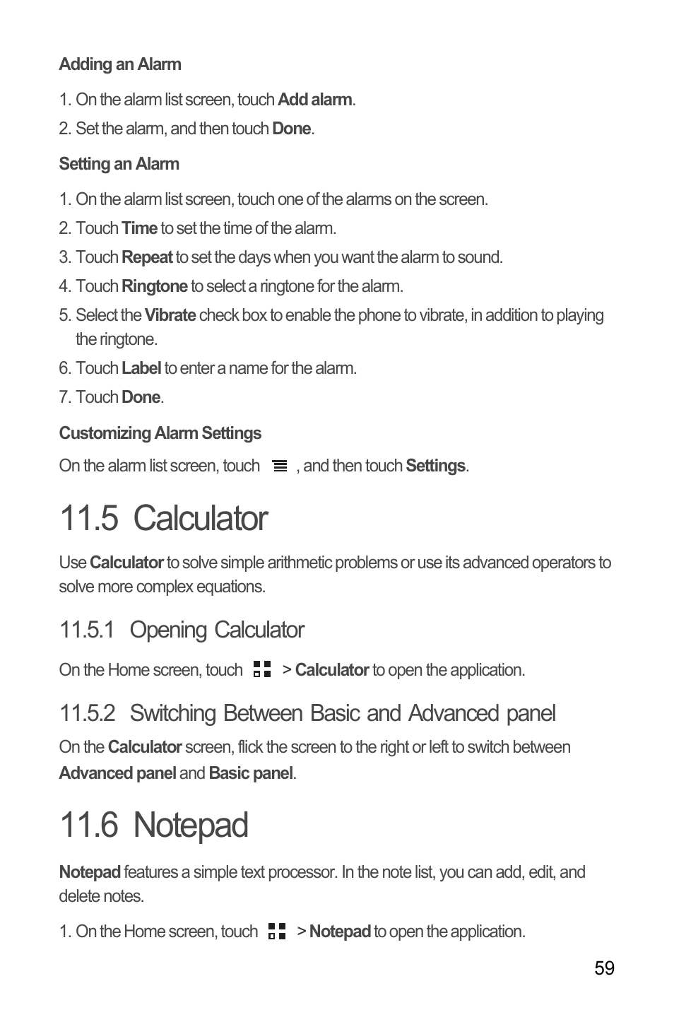 Adding an alarm, Setting an alarm, Customizing alarm settings | 5 calculator, 1 opening calculator, 2 switching between basic and advanced panel, 6 notepad, 5 calculator 11.6 notepad | Huawei C8655 User Guide User Manual | Page 63 / 74