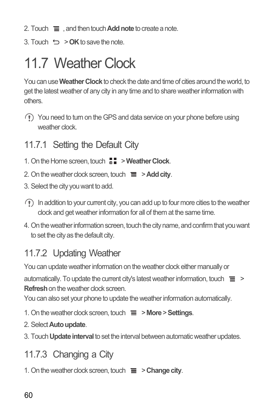 7 weather clock, 1 setting the default city, 2 updating weather | 3 changing a city | Huawei C8655 User Guide User Manual | Page 64 / 74