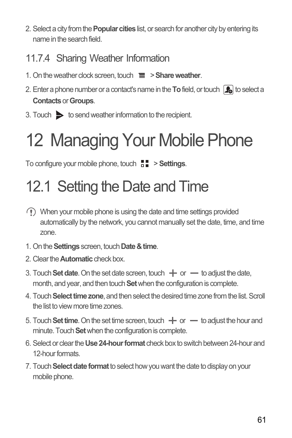 4 sharing weather information, 12 managing your mobile phone, 1 setting the date and time | Huawei C8655 User Guide User Manual | Page 65 / 74