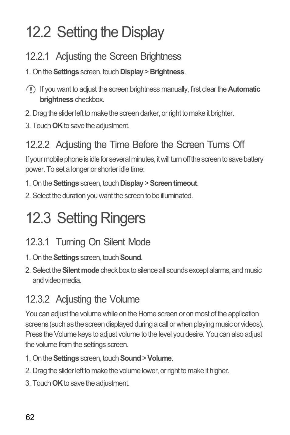 2 setting the display, 1 adjusting the screen brightness, 2 adjusting the time before the screen turns off | 3 setting ringers, 1 turning on silent mode, 2 adjusting the volume, 2 setting the display 12.3 setting ringers | Huawei C8655 User Guide User Manual | Page 66 / 74